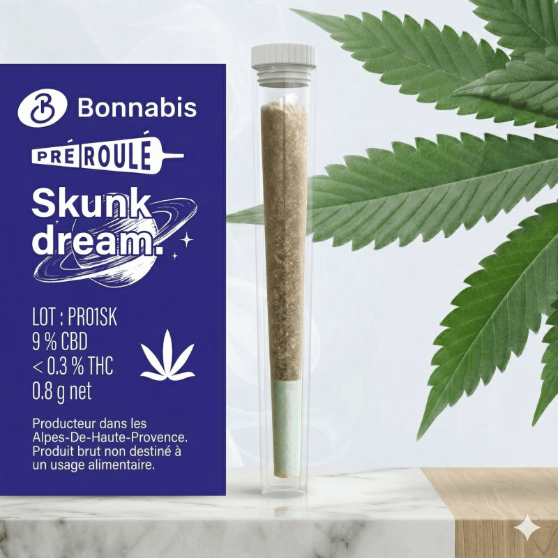 Pre-roll CBD Skunk Dream 0,8g Bonnabis – flor de cáñamo outdoor Alpes-de-Haute-Provenza, aromas skunky