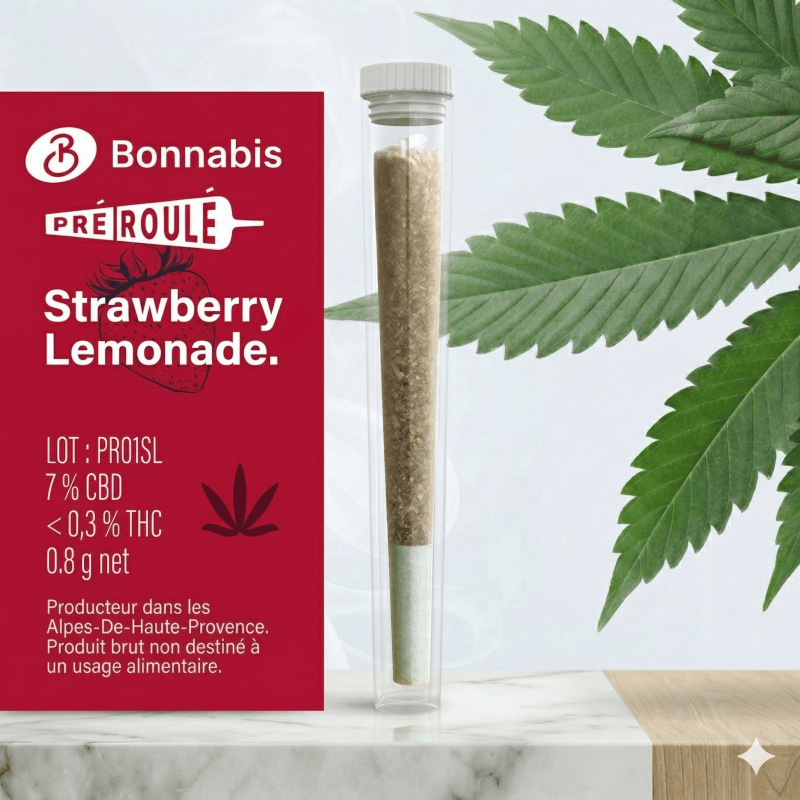 Pre-roll CBD Strawberry Lemonade 0,8g Bonnabis – flor de cáñamo outdoor Alpes-de-Haute-Provenza, aromas fresa limón